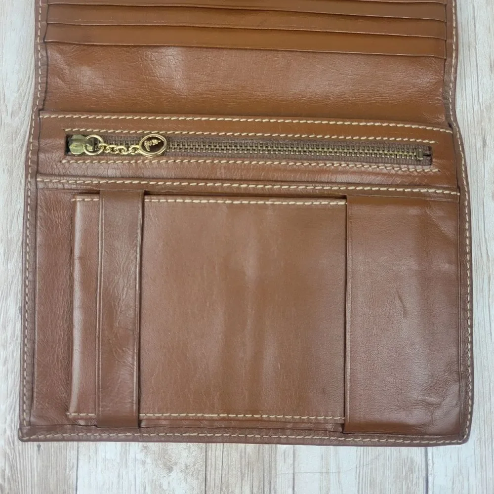 Vintage Trussardi Brown Leather Bifold Wallet with Checkbook Sleeve Portmanteau